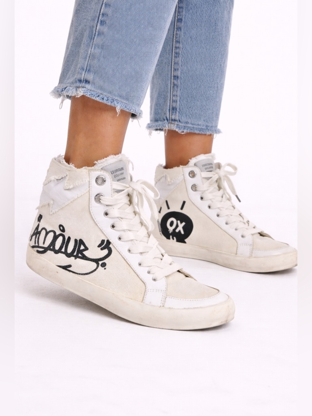 Zadig & Voltaire Womens Jormi Amour Distressed High Top Sneakers 37 White Grunge